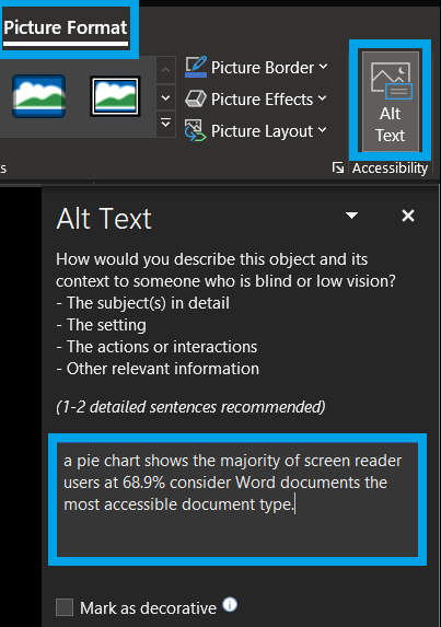 The Alt Text pane for a picture in Word with the description field highlighted.